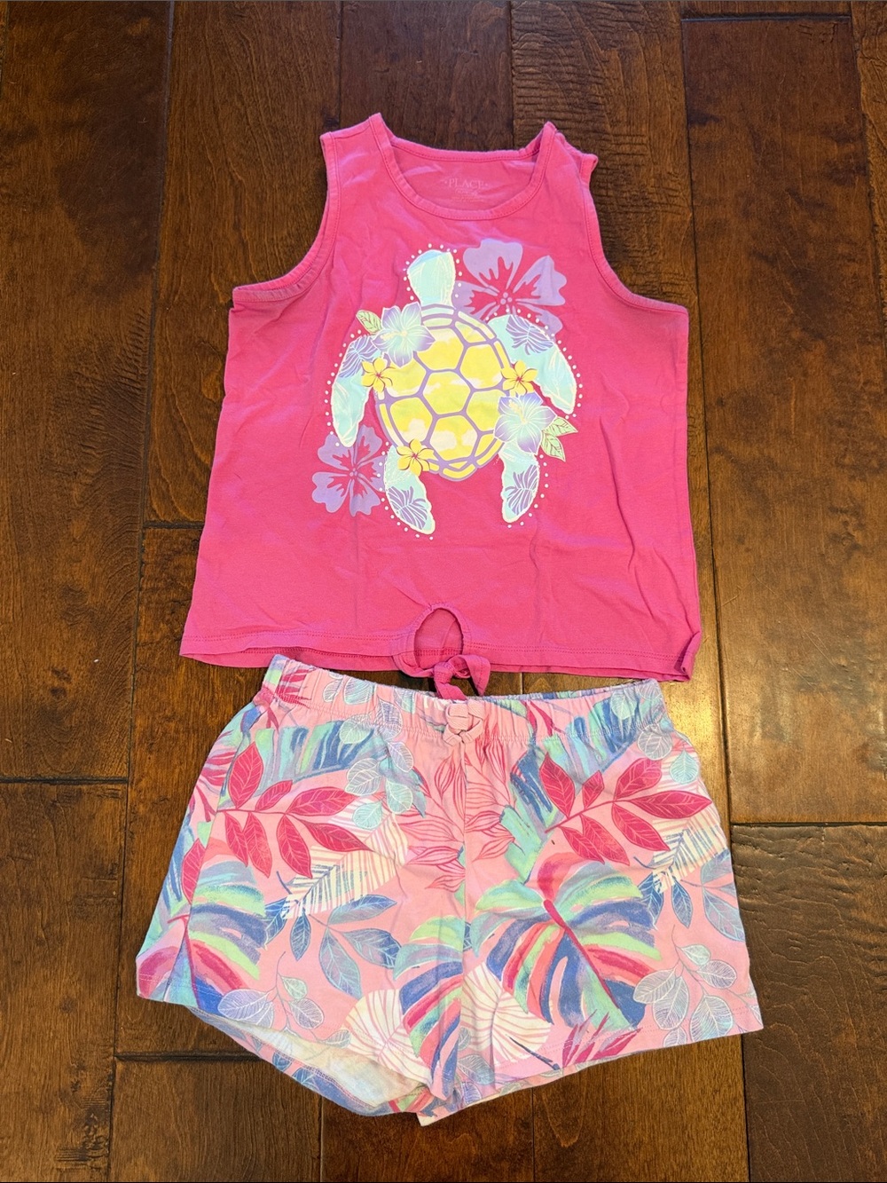 Girls Pink Turtle Tie-Front Tank with Pastel Tropical Shorts Matching Set